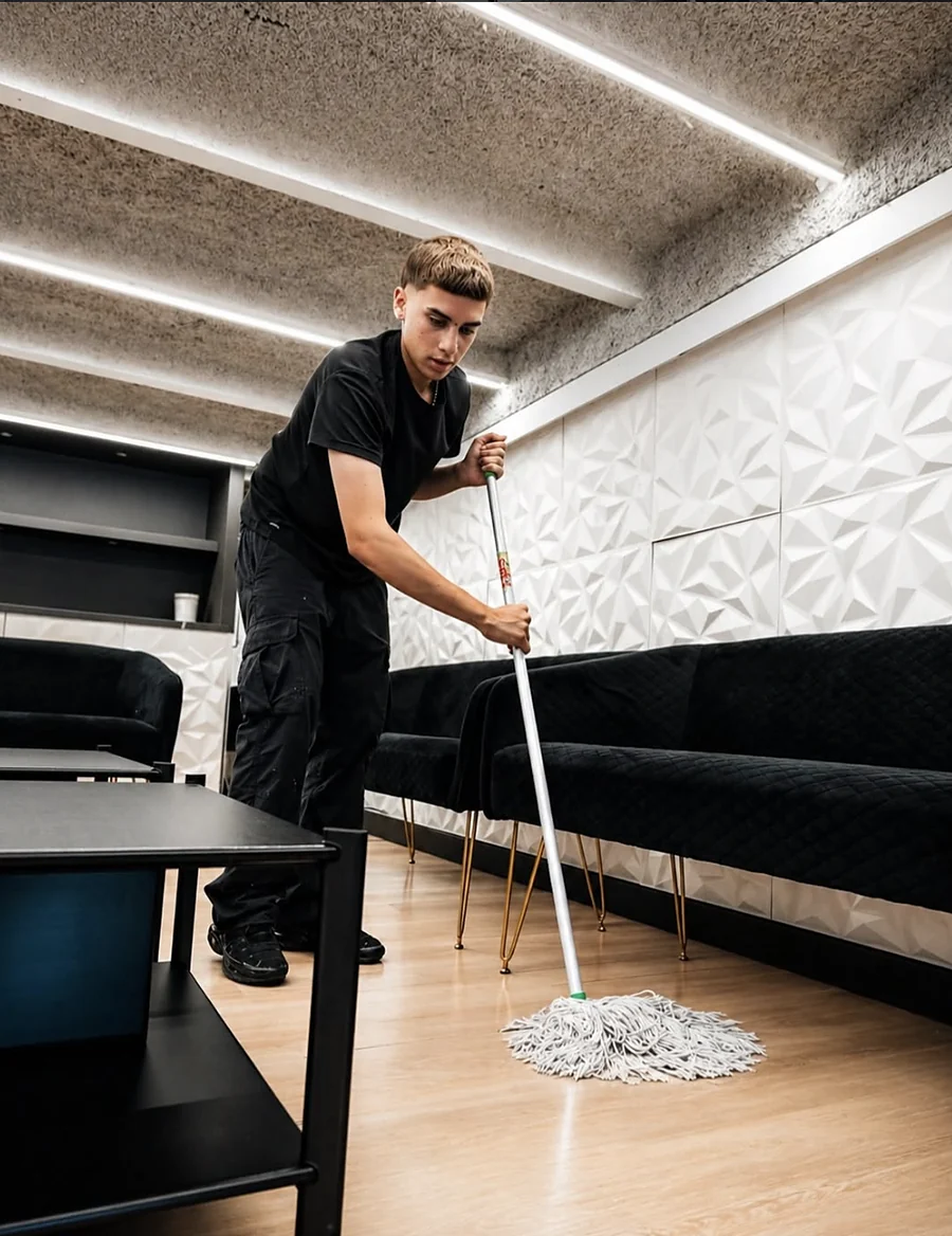 Empleado de Clean Vibes trapeando el piso de madera de un salón comercial